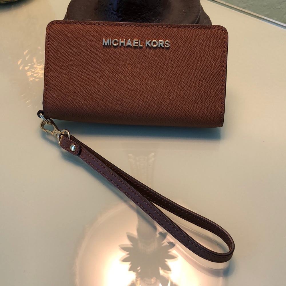 MK phone case wallet /wristlet in camel color